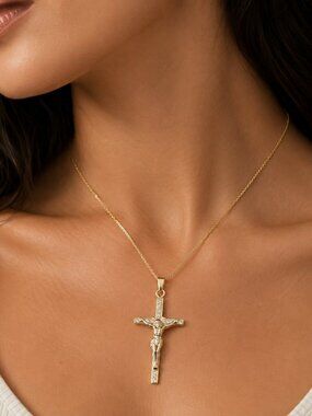 Solid 14K 2 Tone CZ Crucifix Cross Pendant
